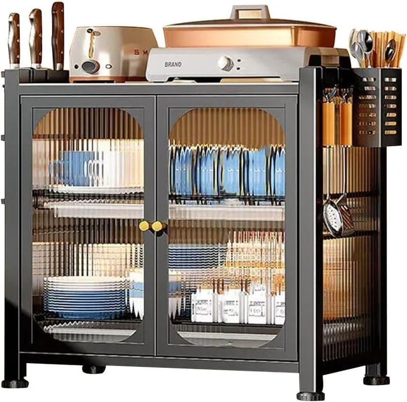 DROZIP 2-Tier Kitchen Countertop Cutlery Storage Cabinet, Dish Drying Rack with Drawers and Drainage Board, Acrylic Cabinet Door 360° Dustproof for Storing Dishes and Seasonings, Black - Image 1