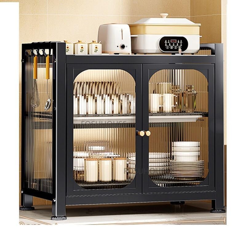 DROZIP 2-Tier Kitchen Countertop Cutlery Storage Cabinet, Dish Drying Rack with Drawers and Drainage Board, Acrylic Cabinet Door 360° Dustproof for Storing Dishes and Seasonings, Black - Image 2