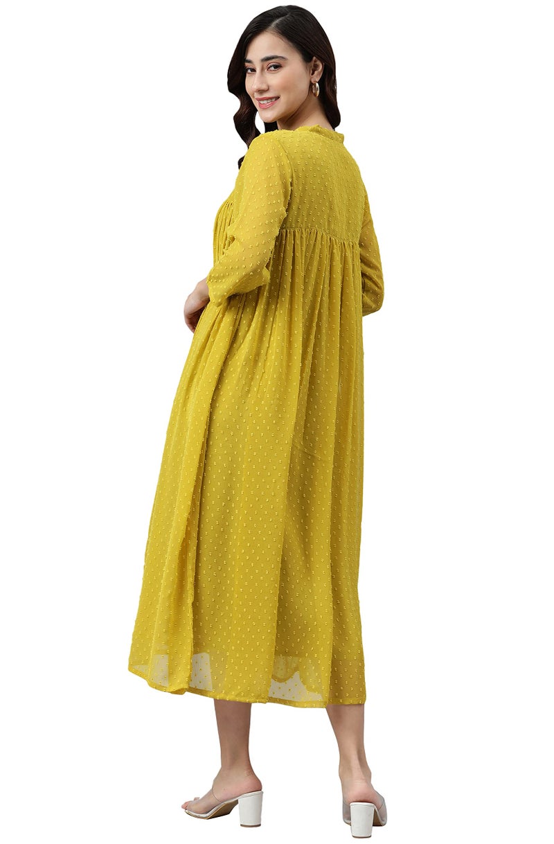 Janasya Women's Mustard Poly Chiffon Self Design Frontslit Dress - Image 4