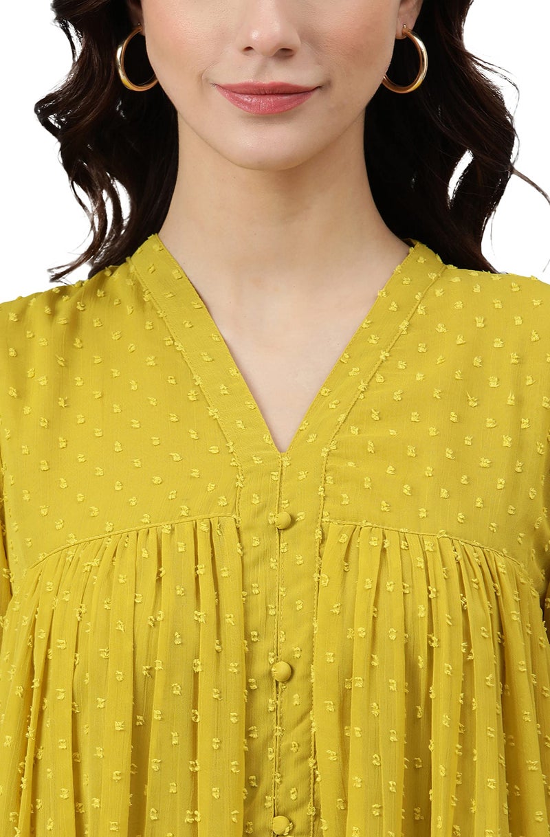 Janasya Women's Mustard Poly Chiffon Self Design Frontslit Dress - Image 5