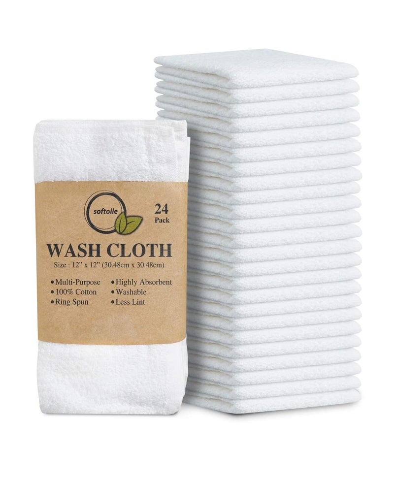 Softolle 100% Cotton Washcloths 24 Pack (12x12 Inches) Soft, Highly Absorbent Washcloth, Face Towels, Wash Cloths for Face, Ring Spun, Bulk Pack (White) - Image 1