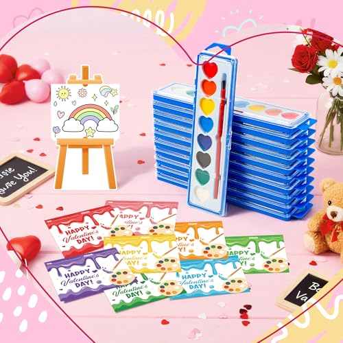 CPicdn 24Pack Valentine’s Day Gift Cards with Watercolor Paint Set, 8 Color Watercolor Paint Painting Cards Easel-Shaped Stand Valentines Gift Exchange - Image 4