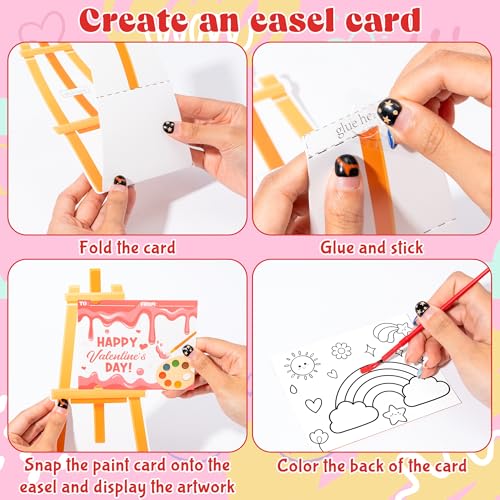 CPicdn 24Pack Valentine’s Day Gift Cards with Watercolor Paint Set, 8 Color Watercolor Paint Painting Cards Easel-Shaped Stand Valentines Gift Exchange - Image 2