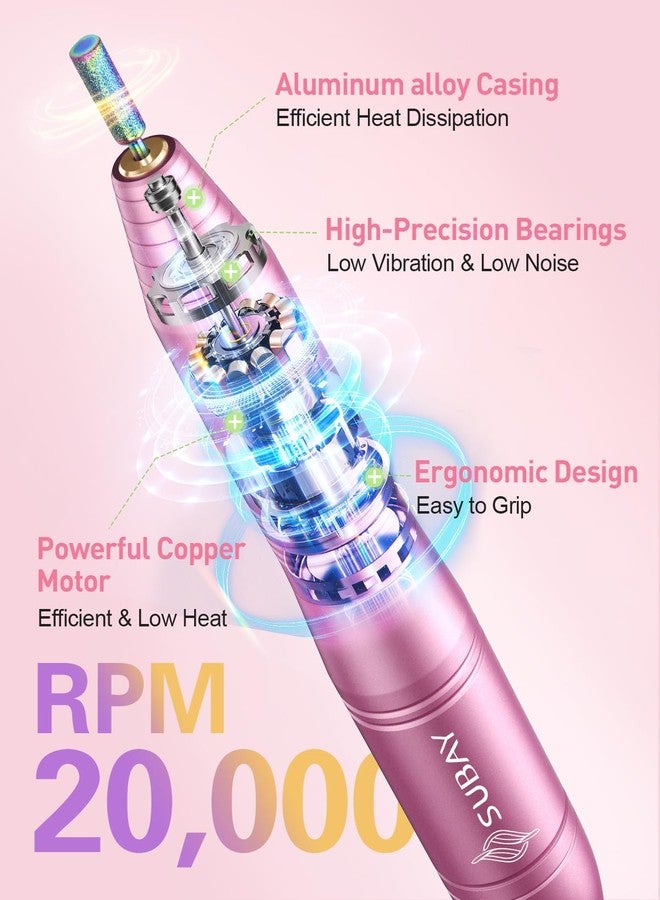 سوباي جهاز سوباي الكهربائي لبرد الأظافر، مبرد أظافر كهربائي محمول لأظافر الأكريليك والجل، أداة للعناية بالأظافر واليدين والقدمين مع 6 رؤوس و26 شريط صنفرة للاستخدام المنزلي وفي الصالونات - وردي - Image 2