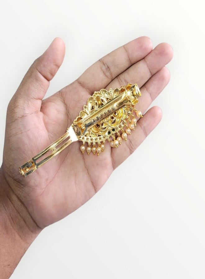 ARNAVIRA Gold Finish Traditional Temple Design Hair Clip Barrette For Women and Girl Bridal Wedding (Gold Glossy, Design 04) - Image 2