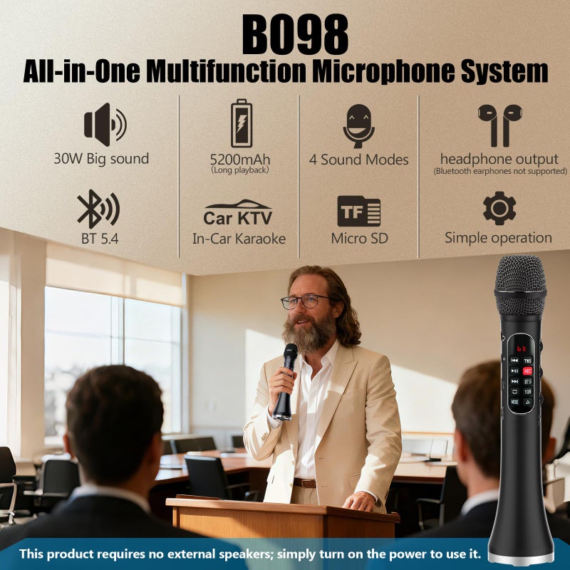 BOESPATR Karaoke Microphone Wireless Bluetooth,Handheld Voice Amplifier,Portable Mic with Speaker 30W High Power DSP Chip Smart Noise Reduction for Car/Indoor/Outdoor Speaking Teaching Singing - Image 2