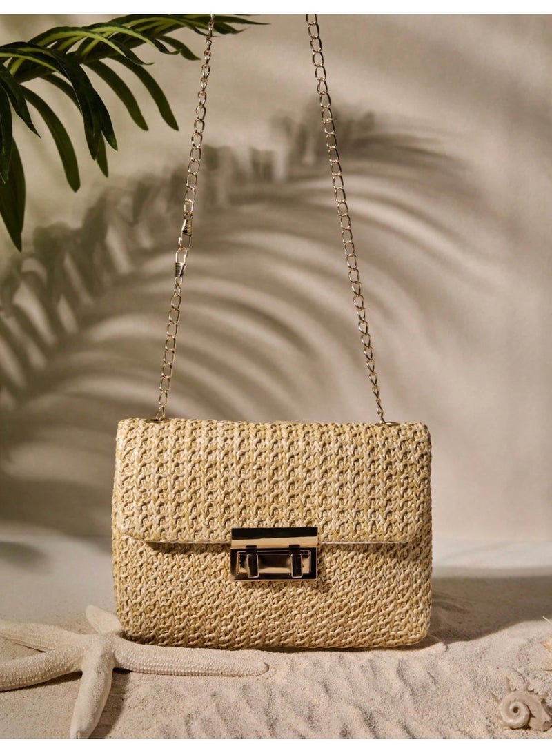 Shein Fashionable Solid Color Gold Woven Crossbody Bag, Suitable For Women's Daily Use, Perfectly Matching With Vacation Outfits Women Vacay Vibes Vacation Relax Beach Autumn Winter Gifts , Beach Bag - Image 1