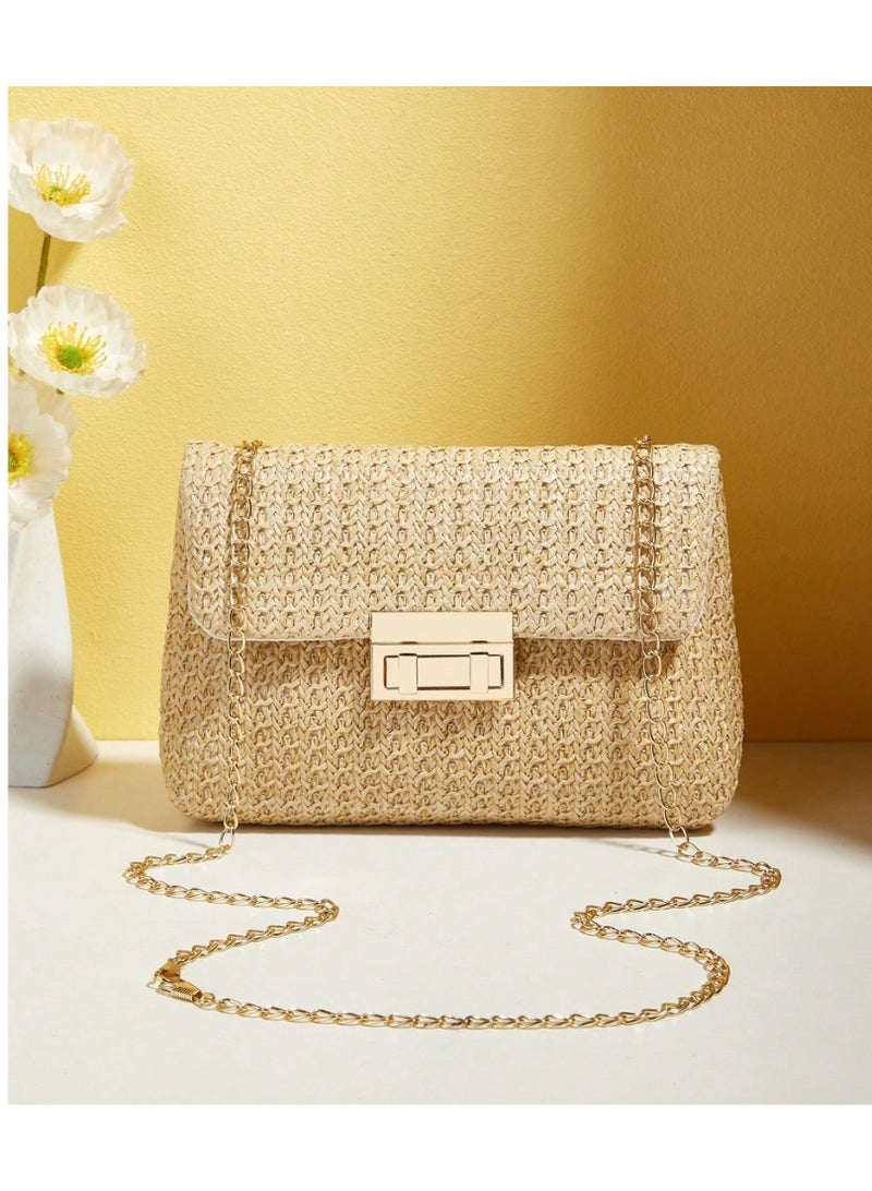 Shein Fashionable Solid Color Gold Woven Crossbody Bag, Suitable For Women's Daily Use, Perfectly Matching With Vacation Outfits Women Vacay Vibes Vacation Relax Beach Autumn Winter Gifts , Beach Bag - Image 4