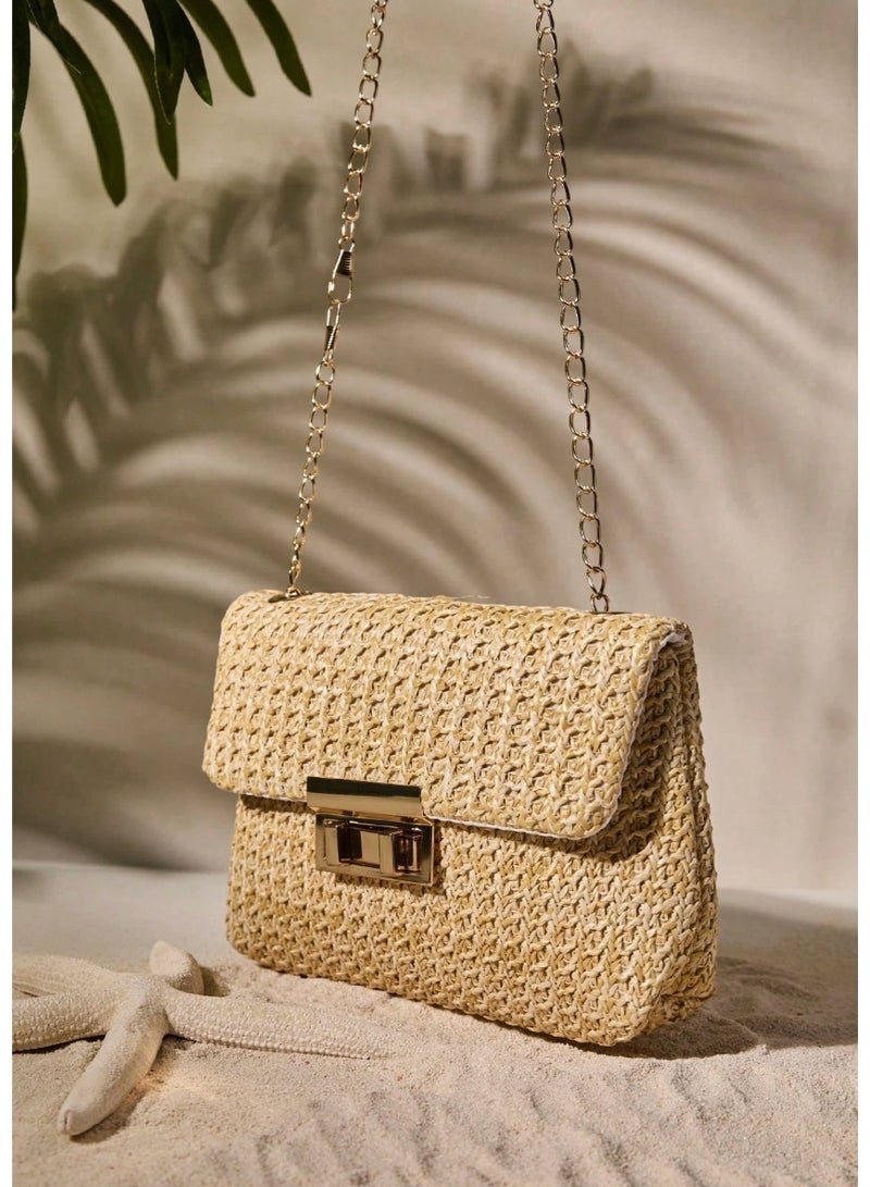 Shein Fashionable Solid Color Gold Woven Crossbody Bag, Suitable For Women's Daily Use, Perfectly Matching With Vacation Outfits Women Vacay Vibes Vacation Relax Beach Autumn Winter Gifts , Beach Bag - Image 2