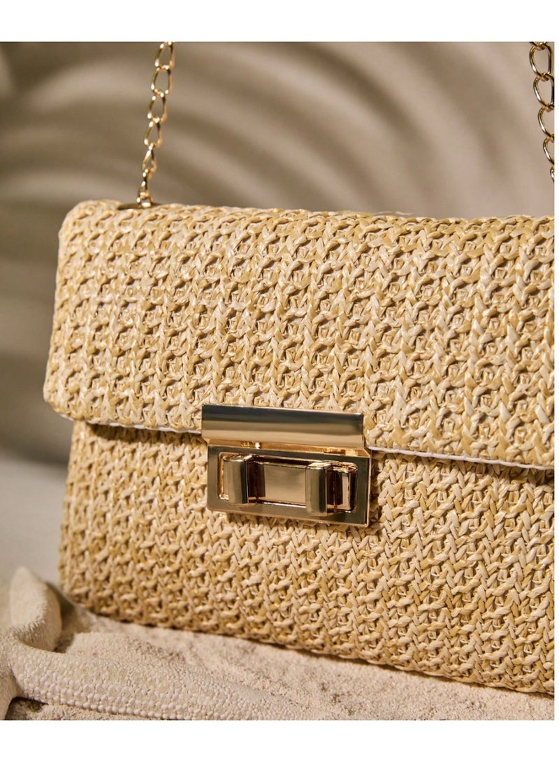 Shein Fashionable Solid Color Gold Woven Crossbody Bag, Suitable For Women's Daily Use, Perfectly Matching With Vacation Outfits Women Vacay Vibes Vacation Relax Beach Autumn Winter Gifts , Beach Bag - Image 3