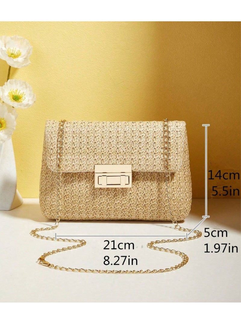 Shein Fashionable Solid Color Gold Woven Crossbody Bag, Suitable For Women's Daily Use, Perfectly Matching With Vacation Outfits Women Vacay Vibes Vacation Relax Beach Autumn Winter Gifts , Beach Bag - Image 5
