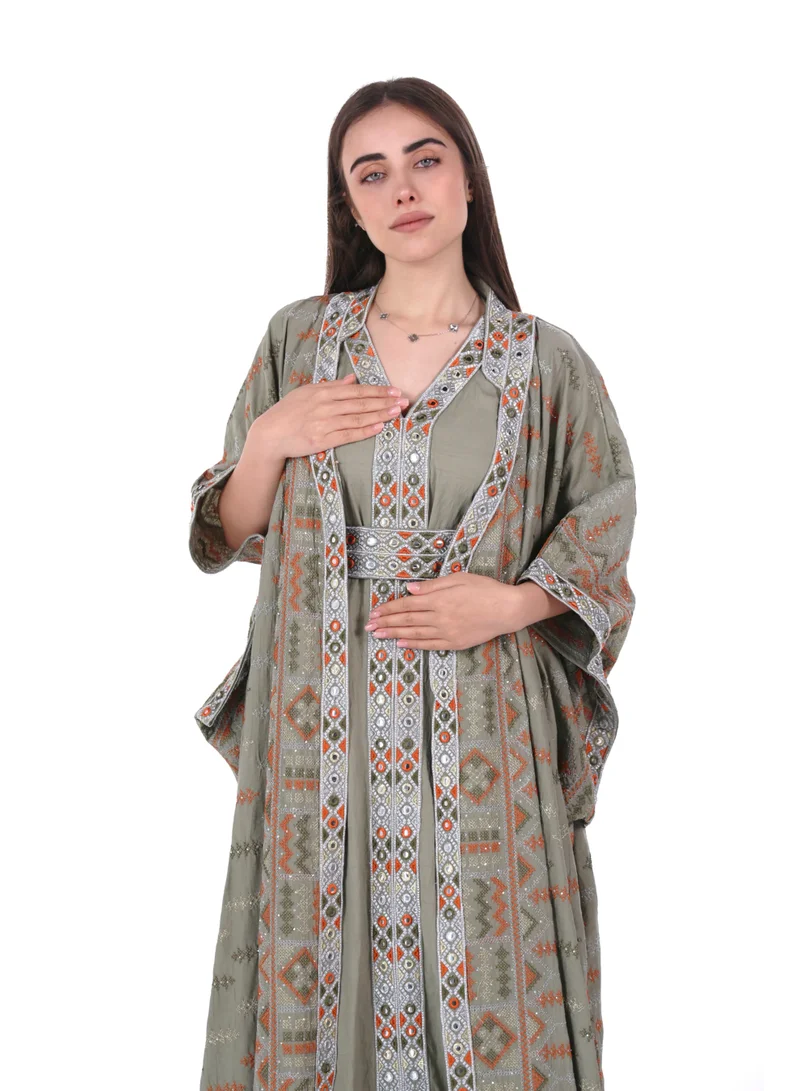 AL BENT AL SHARQIEH Khaki Green embroidered linen kaftan dress for Women | Best Price UAE