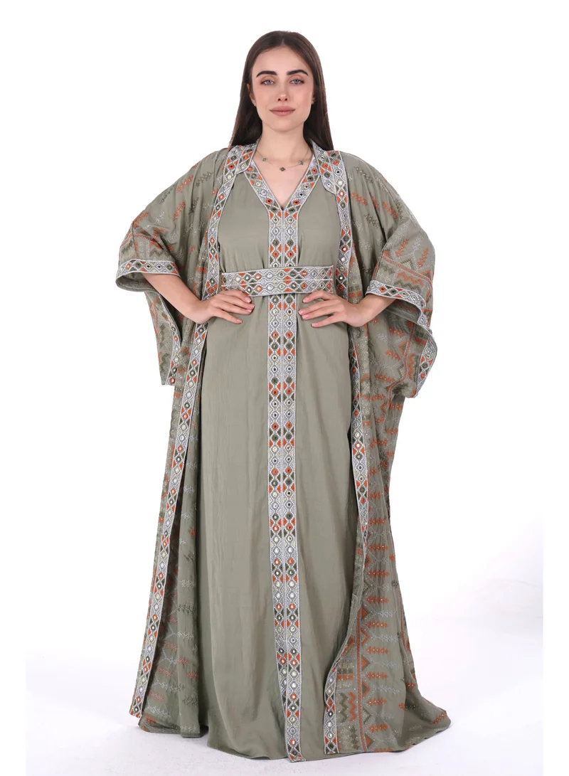 AL BENT AL SHARQIEH Khaki Green embroidered linen kaftan dress for Women | Best Price UAE