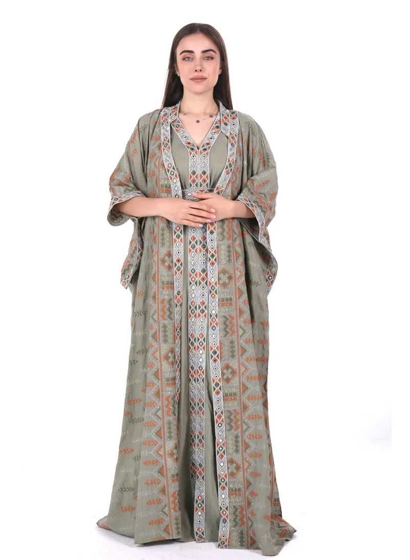 AL BENT AL SHARQIEH Khaki Green embroidered linen kaftan dress for Women | Best Price UAE
