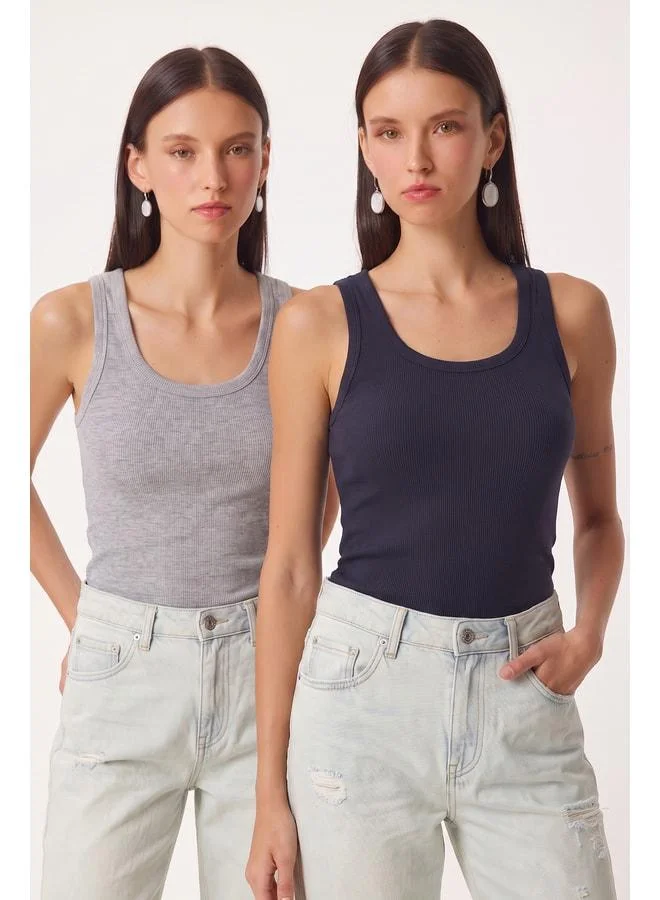 Lovely Istanbul 2-Piece Ribbed Thick-Strap Knitted Tank Top LHJ0002 GREY NAVY