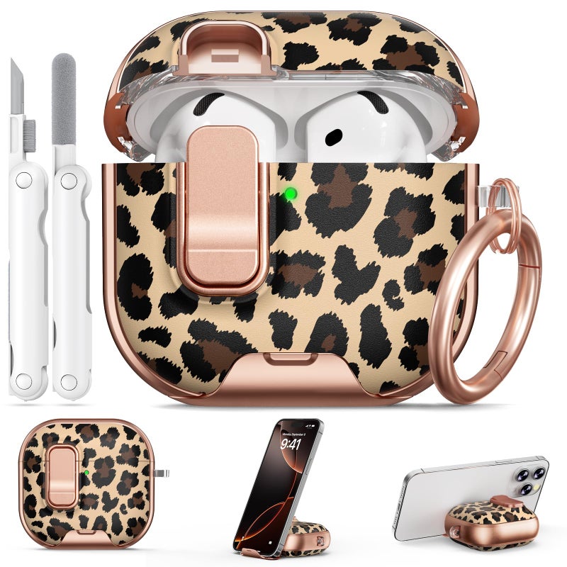 Polislime for AirPods 4 Case, with Safty Lock & Phone Stand for Floral AirPods 4th Generation Case Cover for Women Girly, iPod 4 Case with Keychain & Cleaner Kit- Leopard Print - Image 1