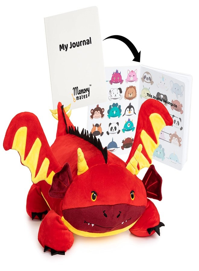 MEMORY MATES Jax the Red Dragon Memory Foam Pillow Plush with Kid's Diary that Stores in Belly Pocket, 15” Stuffed Animal, 6" Journal - Image 1