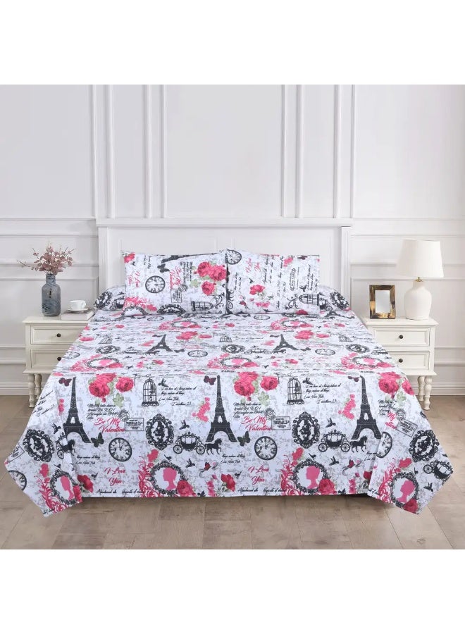 Printed fabric bed sheet set, 4 pieces, 215 x 235 cm - White - Image 1