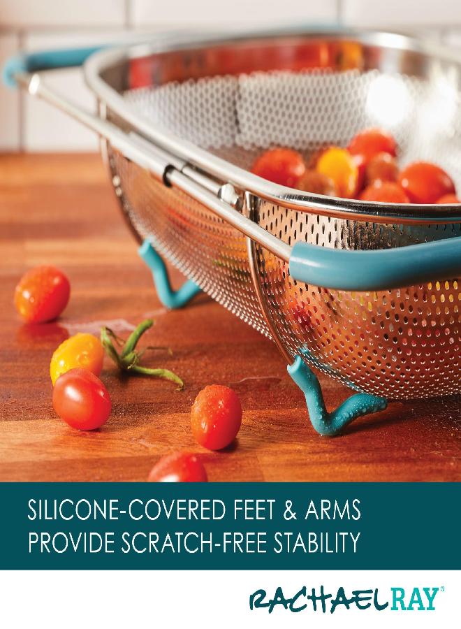 Rachael Ray Rachael Ray Tools and Gadgets Over-The-Sink Colander/Strainer, 4.5 Quart, Stainless Steel with Agave Blue Handles  - Image 2