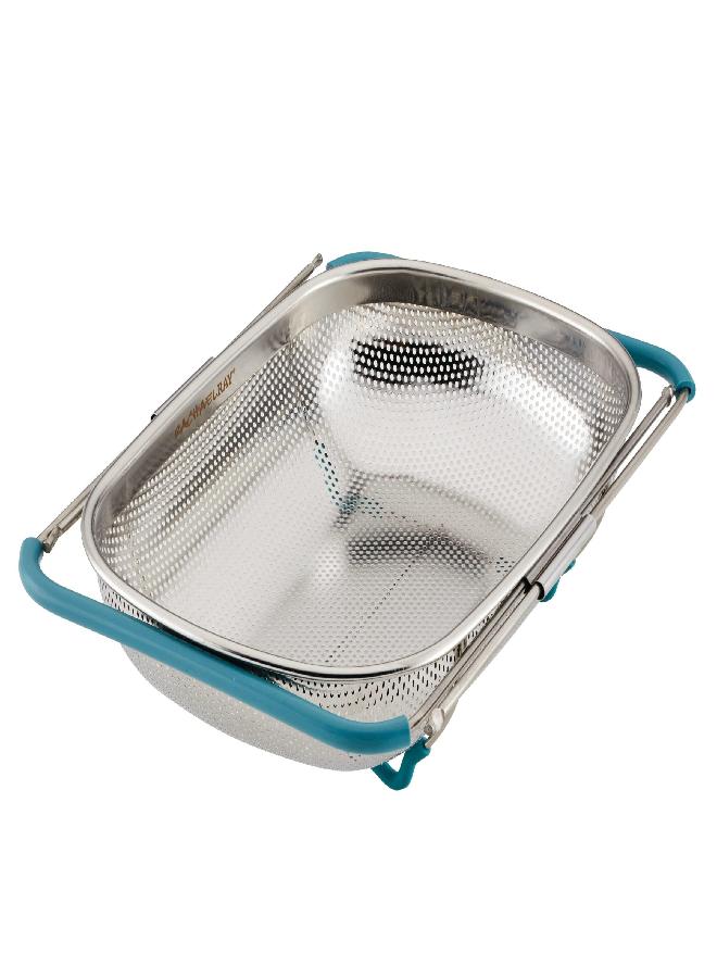 Rachael Ray Rachael Ray Tools and Gadgets Over-The-Sink Colander/Strainer, 4.5 Quart, Stainless Steel with Agave Blue Handles  - Image 4