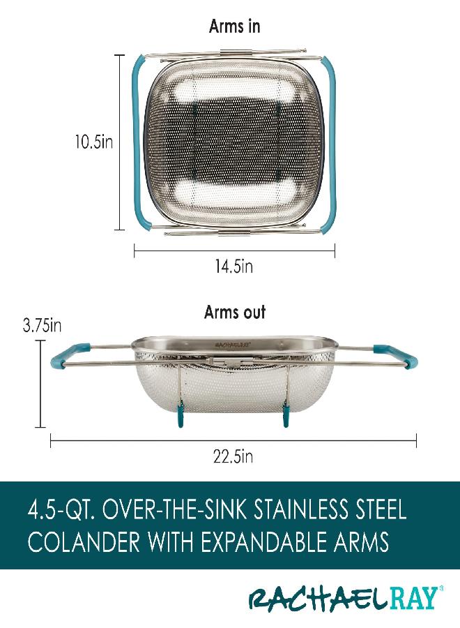 Rachael Ray Rachael Ray Tools and Gadgets Over-The-Sink Colander/Strainer, 4.5 Quart, Stainless Steel with Agave Blue Handles  - Image 1