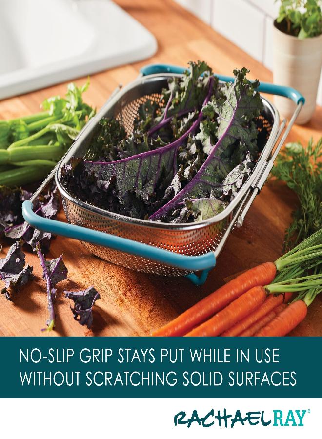 Rachael Ray Rachael Ray Tools and Gadgets Over-The-Sink Colander/Strainer, 4.5 Quart, Stainless Steel with Agave Blue Handles  - Image 3