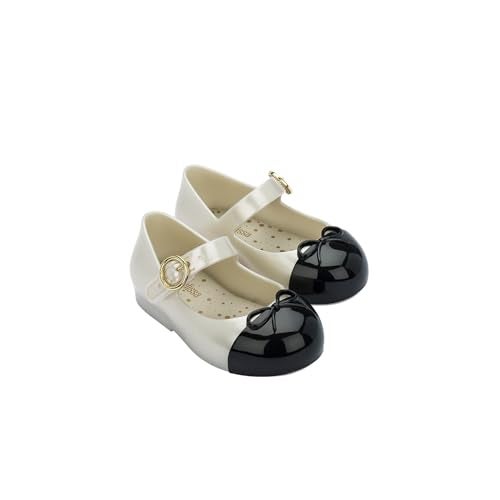 mini melissa Sweet Love Cap Toe Mary Jane Dress Shoes for Toddlers & Little Kids - Jelly Flats for Girls with Cute Bow, Toe Accent and Adjustable Straps, Little Kid Girl Flats, Pearly White/Black, 11 - Image 1