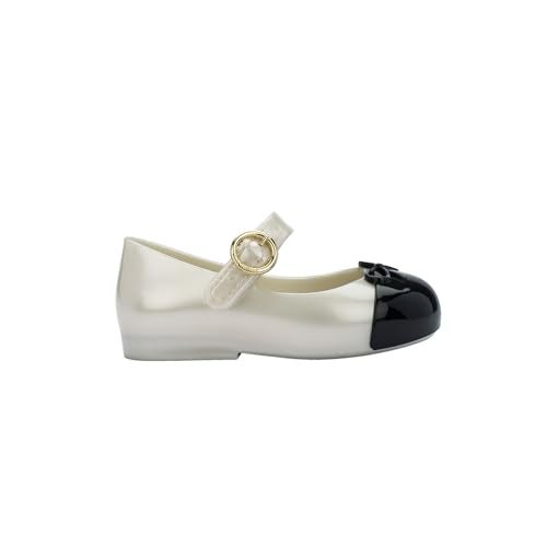 mini melissa Sweet Love Cap Toe Mary Jane Dress Shoes for Toddlers & Little Kids - Jelly Flats for Girls with Cute Bow, Toe Accent and Adjustable Straps, Little Kid Girl Flats, Pearly White/Black, 11 - Image 2