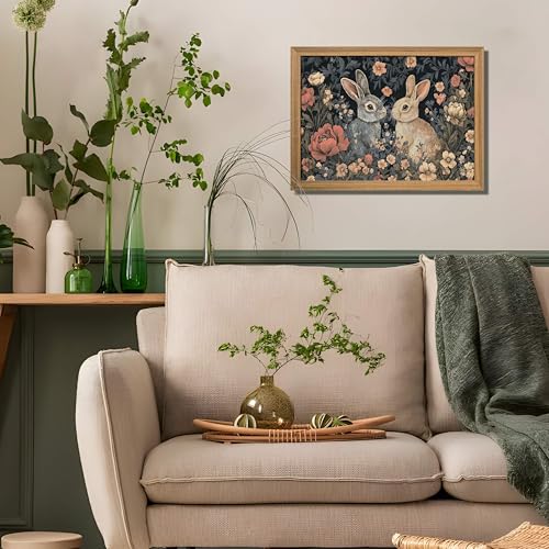 AKWISH Easter Framed 3D Textured Vintage Wall Art Dark Academia Bunny Decor Hand Drawn Sandstone Paintings with Botanical Florals Aesthetic Wall Decor for Living Room Bedroom Home 12x16 inch - Image 3