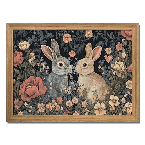 AKWISH Easter Framed 3D Textured Vintage Wall Art Dark Academia Bunny Decor Hand Drawn Sandstone Paintings with Botanical Florals Aesthetic Wall Decor for Living Room Bedroom Home 12x16 inch - Image 1
