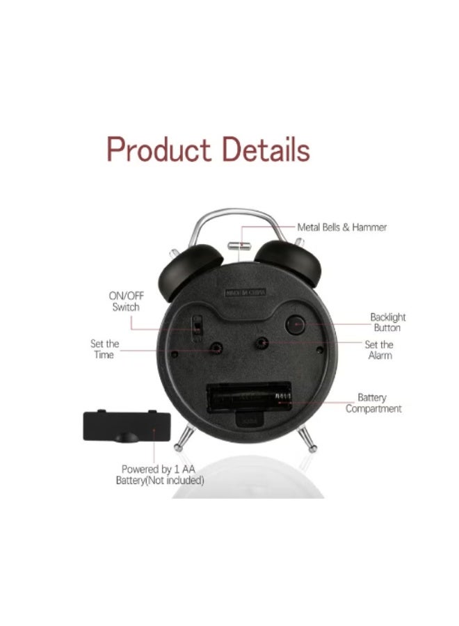 Hirospace Twin Bell Alarm Clock, Loud Alarm Clock with Backlight, Silent Clock for Bedroom Home or Office, Great for Heavy Sleepers - Image 3