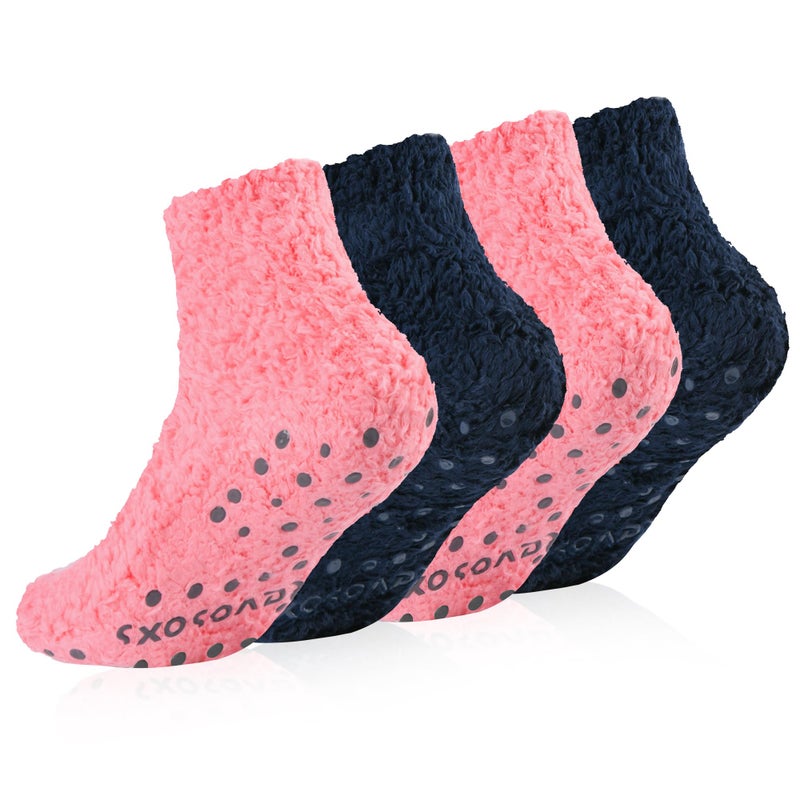 Revosoxs Fuzzy Grip Socks for Women Men,Thick Warm Slipper Cozy Fluffy Non Slip Ankle Valentines Fuzzy socks With Grips.ï¼ˆ2 Rose Red+2 Navyï¼‰