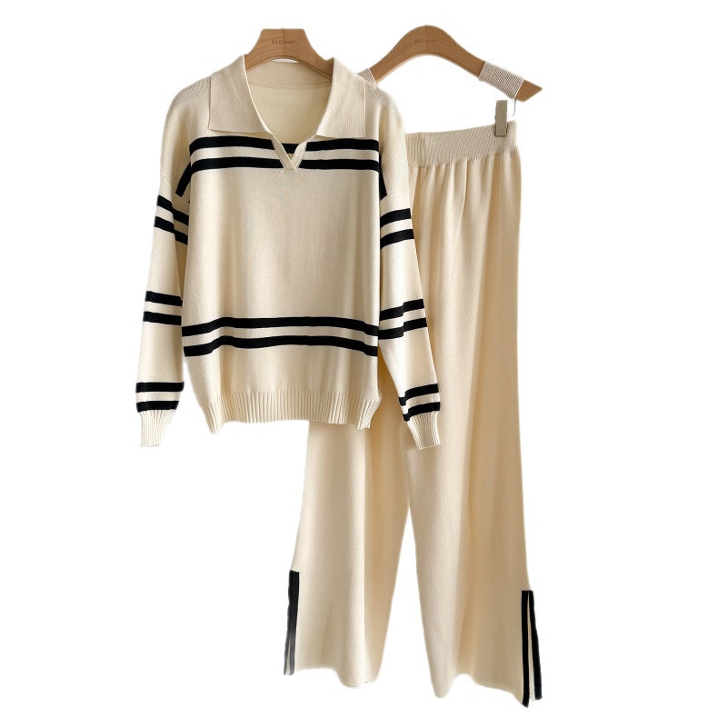 Casual Striped Knit Top with Lapel Collar, Loose Fit Knitwear Set - Image 5