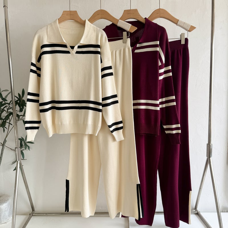 Casual Striped Knit Top with Lapel Collar, Loose Fit Knitwear Set - Image 1