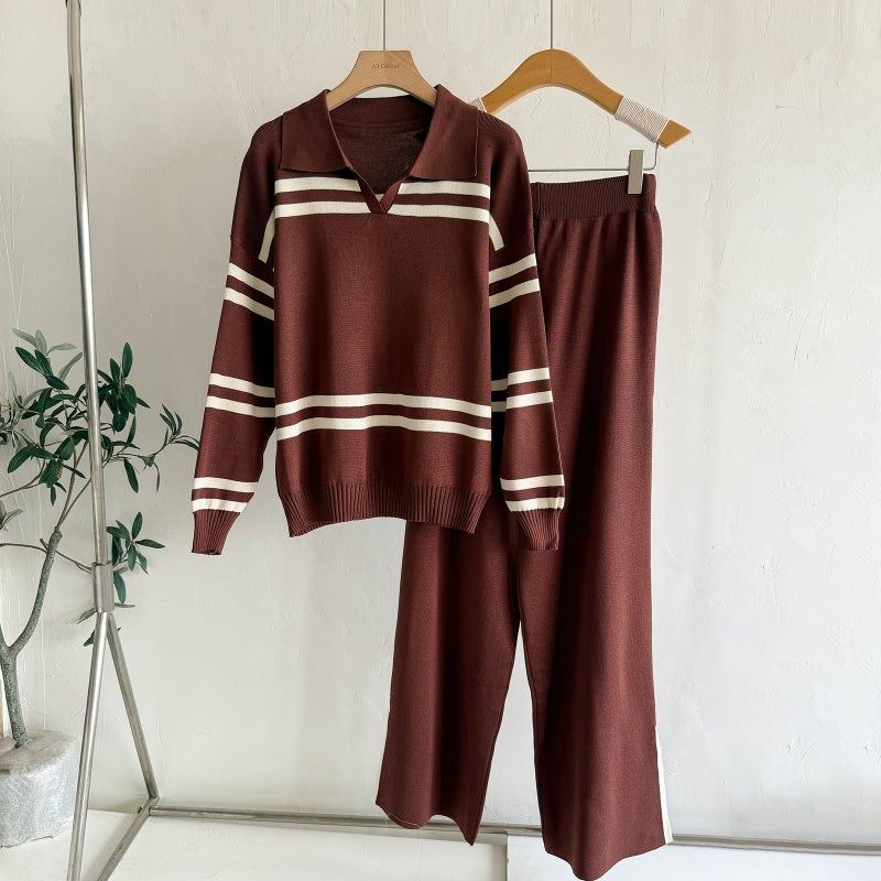 Casual Striped Knit Top with Lapel Collar, Loose Fit Knitwear Set - Image 3