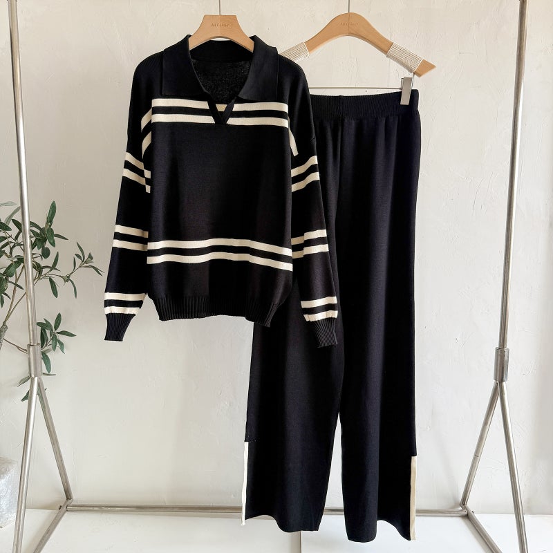 Casual Striped Knit Top with Lapel Collar, Loose Fit Knitwear Set - Image 4