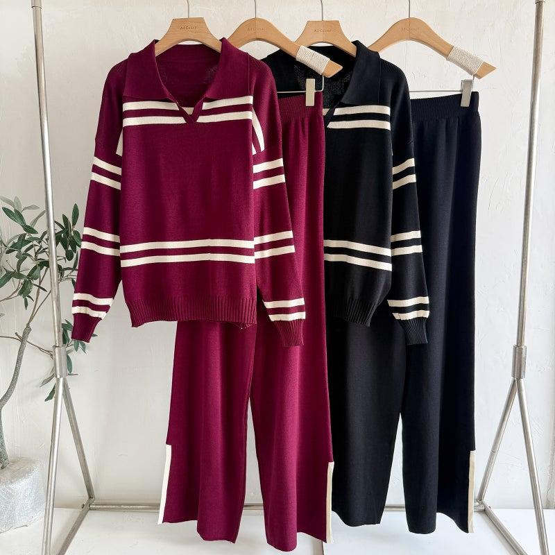Casual Striped Knit Top with Lapel Collar, Loose Fit Knitwear Set - Image 2