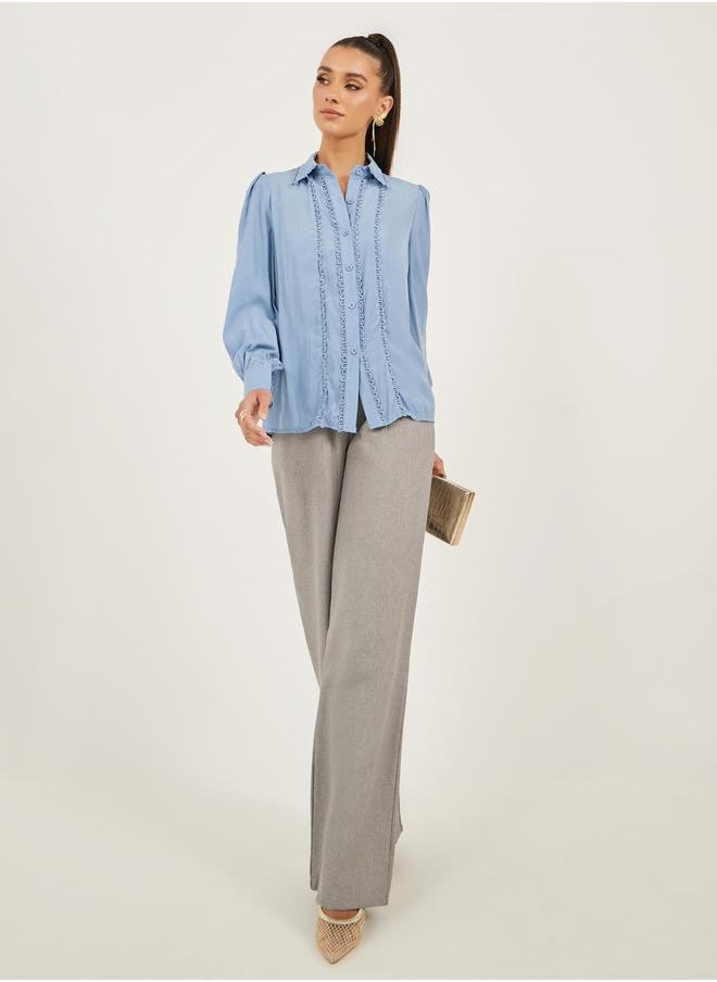 Styli - Lace Detail Collared Plain Long Sleeve Shirt - Image 1