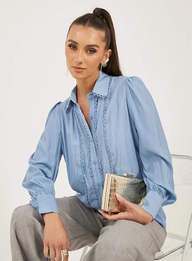 Styli Lace Detail Collared Plain Long Sleeve Shirt