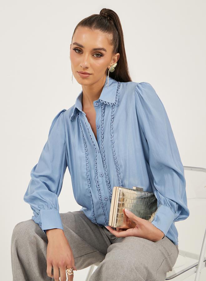 Styli Lace Detail Collared Plain Long Sleeve Shirt - Image 3