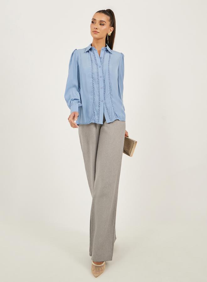 Styli Lace Detail Collared Plain Long Sleeve Shirt - Image 2