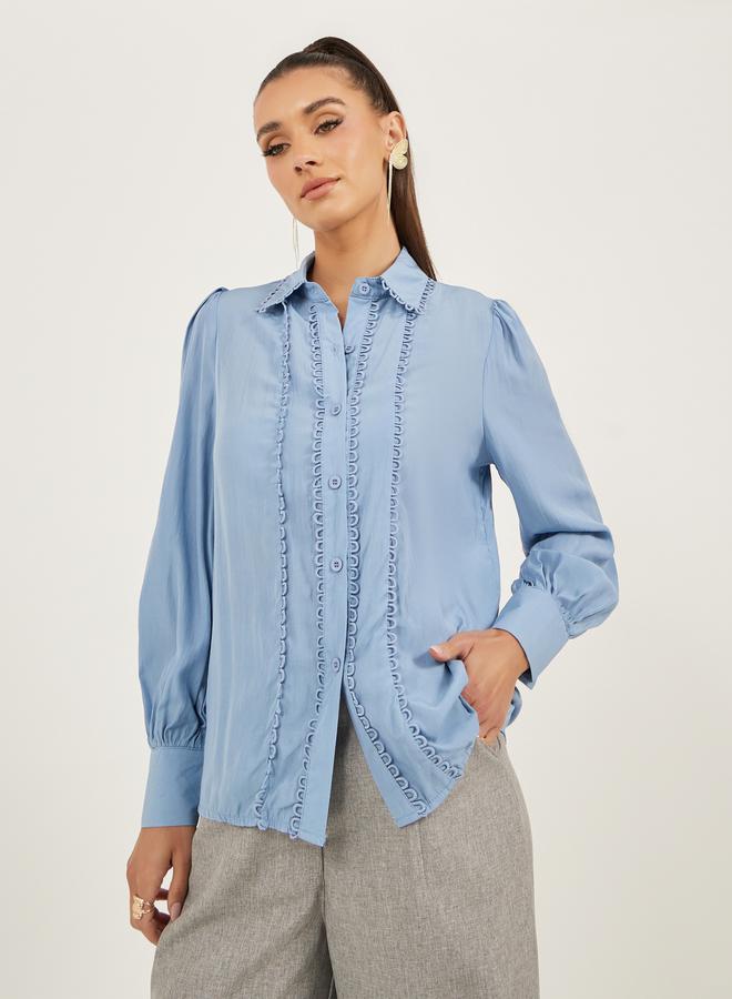 Styli Lace Detail Collared Plain Long Sleeve Shirt - Image 1