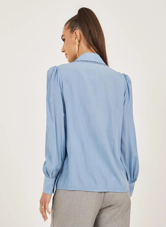 Styli Lace Detail Collared Plain Long Sleeve Shirt