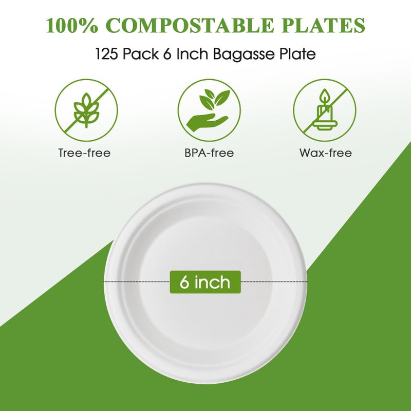Vplus 125 Pack 6 inch Paper Plates 100% Compostable  Heavy-Duty Disposable Paper Plates Bagasse Natural Biodegradable Eco-Friendly Sugarcane(White) - Image 5