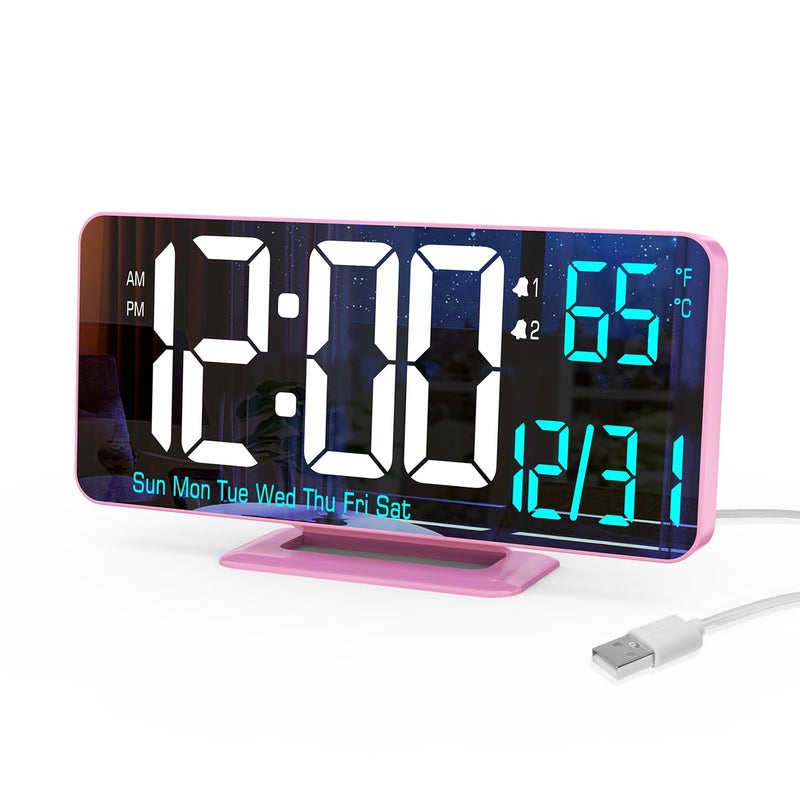 KOSUMOSU Pink Digital Clock for Bedroom 67in Dual Alarm Clock with Dimming 1224h Seconds Date Day of Week Temp Desk Clock LED Clock for Table Decor Digital Calendar Table Clocks for Bedrooms KOSUMOSU - Image 2