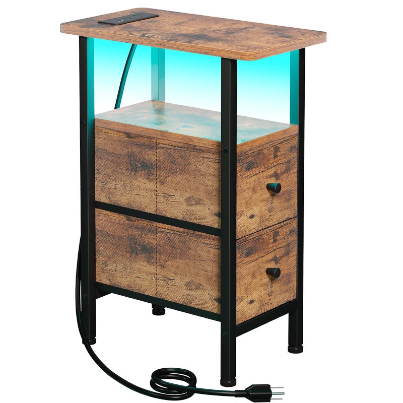 LOAKEKEL Narrow End Table Living Room with Charging Station Skinny Side Table with Fabric Drawers Slim LED Nightstand for Bedroom Small Spaces Couch Rustic Brown HETNDP02LPBR1