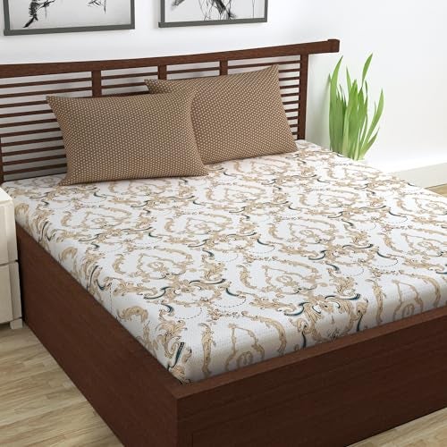Divine Casa Double Size Bedsheet for Double Bed, 144 TC Pure Cotton Queen Size with 2 Pillow Covers | 222 By 254 cm | Floral | Ivory Gold - Image 1