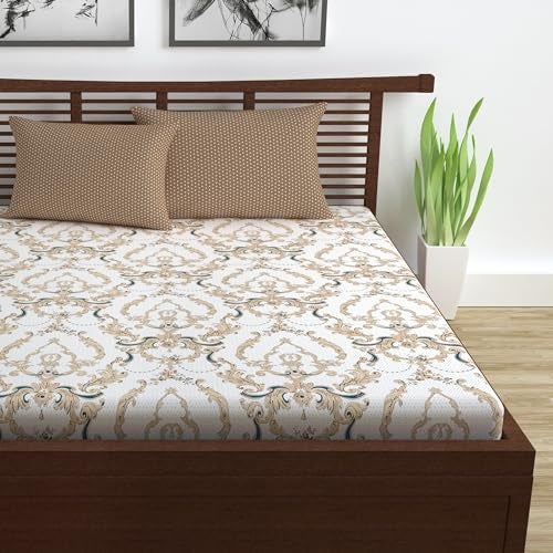 Divine Casa Double Size Bedsheet for Double Bed, 144 TC Pure Cotton Queen Size with 2 Pillow Covers | 222 By 254 cm | Floral | Ivory Gold - Image 2