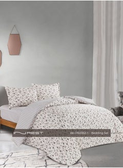 Inrest Home 4-piece Bedding Set – Includes Single Comforter (170×230 cm), Fitted Sheet, and 2 Pillow Covers – 100% Cotton in Gray with Small Black Floral Prints. 