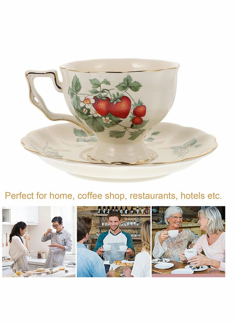 SYOSI طقم أكواب شاي قهوة بورسلين عتيقة مع حواف ذهبية، علبة هدايا، كوب قهوة + saucer + ملعقة شاي، 220 مل كوب عالي من كعكة الفراولة - Image 4